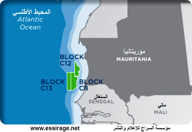 خريطة تبين مواقع قطاعات التنقيب التي قامت بها شركة كوسموس للبحث عن الغاز في المياه الموريتانية حيث بدأت في التنقيب عن الغاز في موضع حفر جديد إلى الجنوب الموريتاني (السراج)