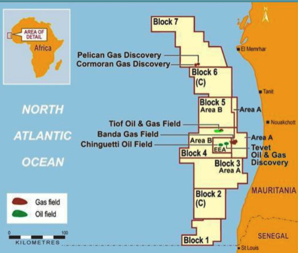 شكل يوضح مواقع حقول الغاز والنفط على السواحل الموريتانية (المصدر: وزارة المعادن الموريتانية